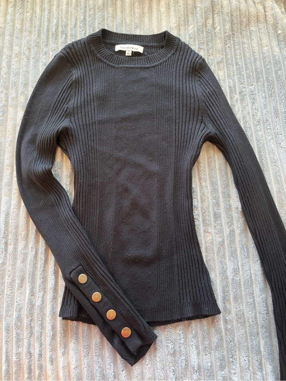 Macy's Black Ribbed Long-Sleeve Sweater with Gold Buttons